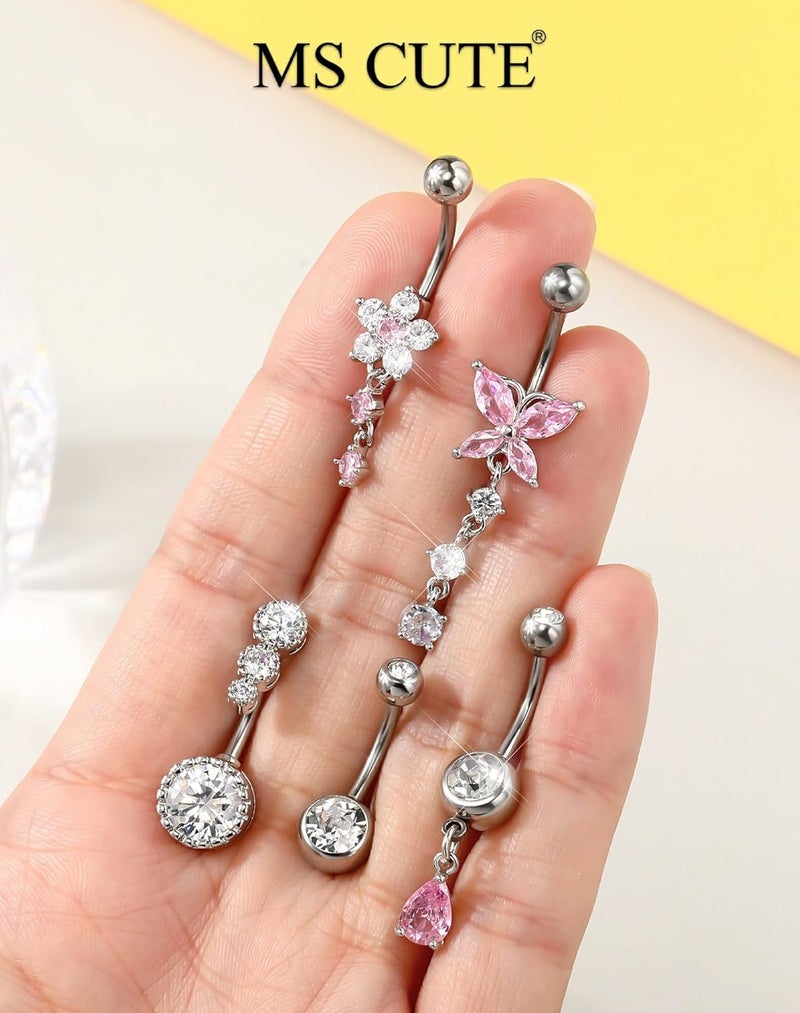 MS CUTE 5PCS Belly Button Rings for Women 14G Dangle Navel Piercing Jewelry Set Surgical Stainless Steel Body Jewelry with CZ Butterfly Flower Teardrop Barbell for Beach Festival Daily - Image 3